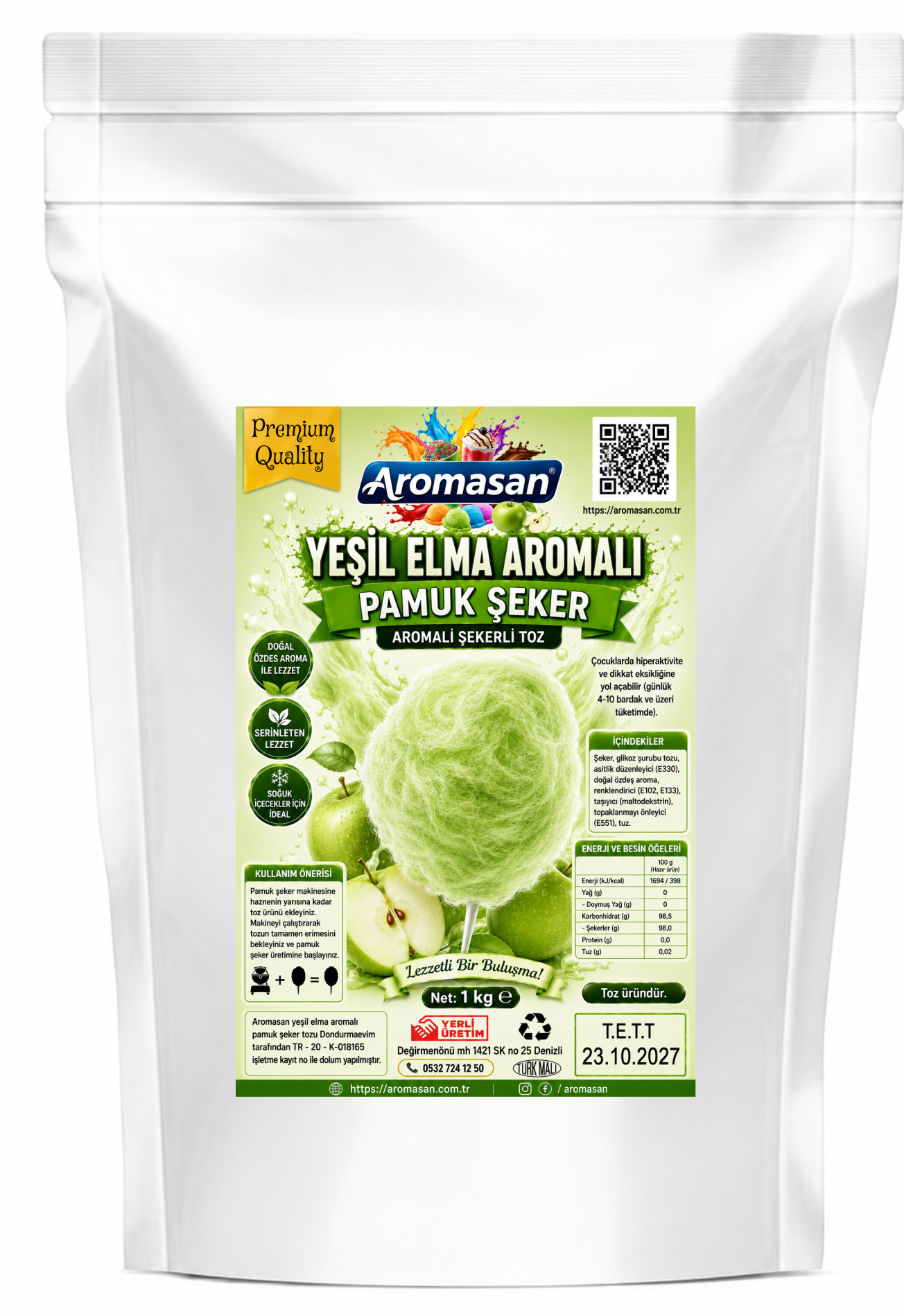 Yeşil Elma Aromalı Pamuk Şeker Tozu 1 Kg ürün görseli